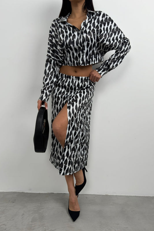Patterned Skirt White Side Slits